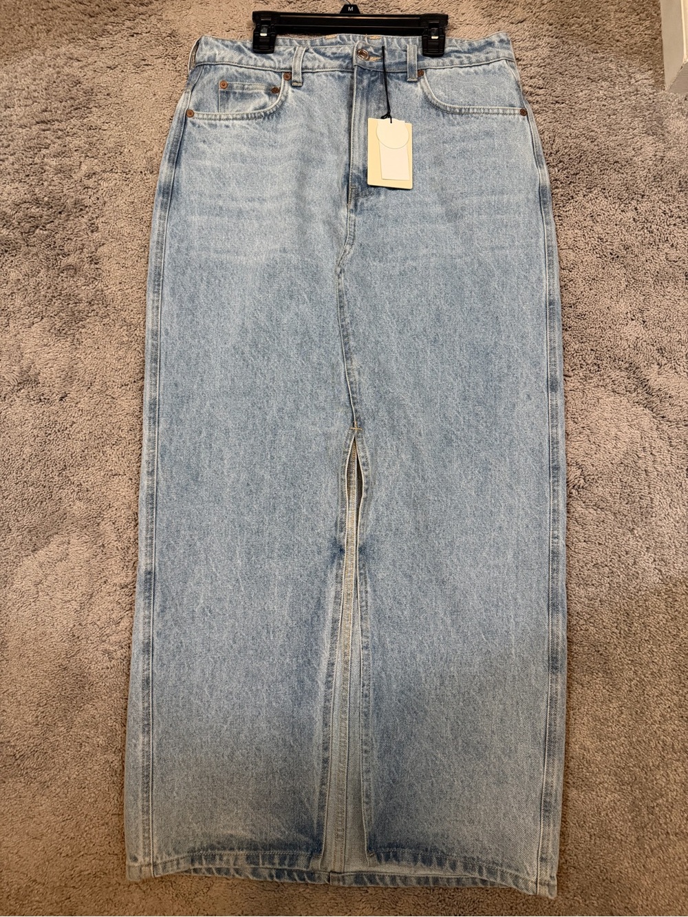 Light Blue Denim Maxi Skirt with Front Slit